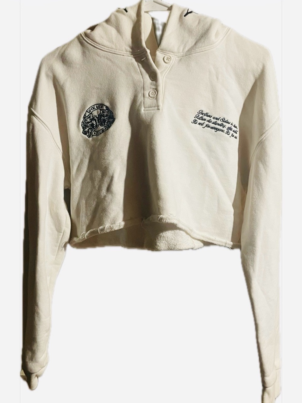Size S- Cream Cropped Hoodie with Script & Graphic Embroidery